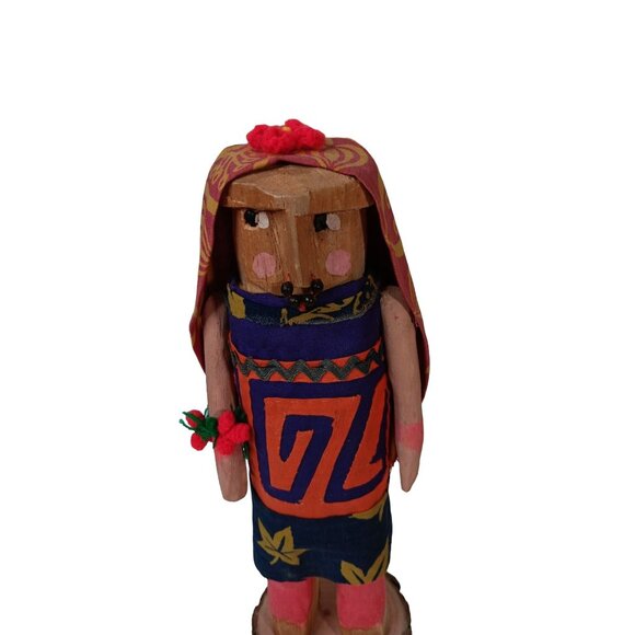 Handcrafted Wooden Tribal Folk Art Doll With Hand-Painted Details & Fabric Dress - Picture 2 of 8